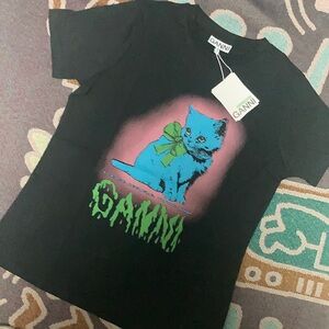 Ganni Black Kitten Graphic Tee | Retro Punk-inspired casual Top size Medium